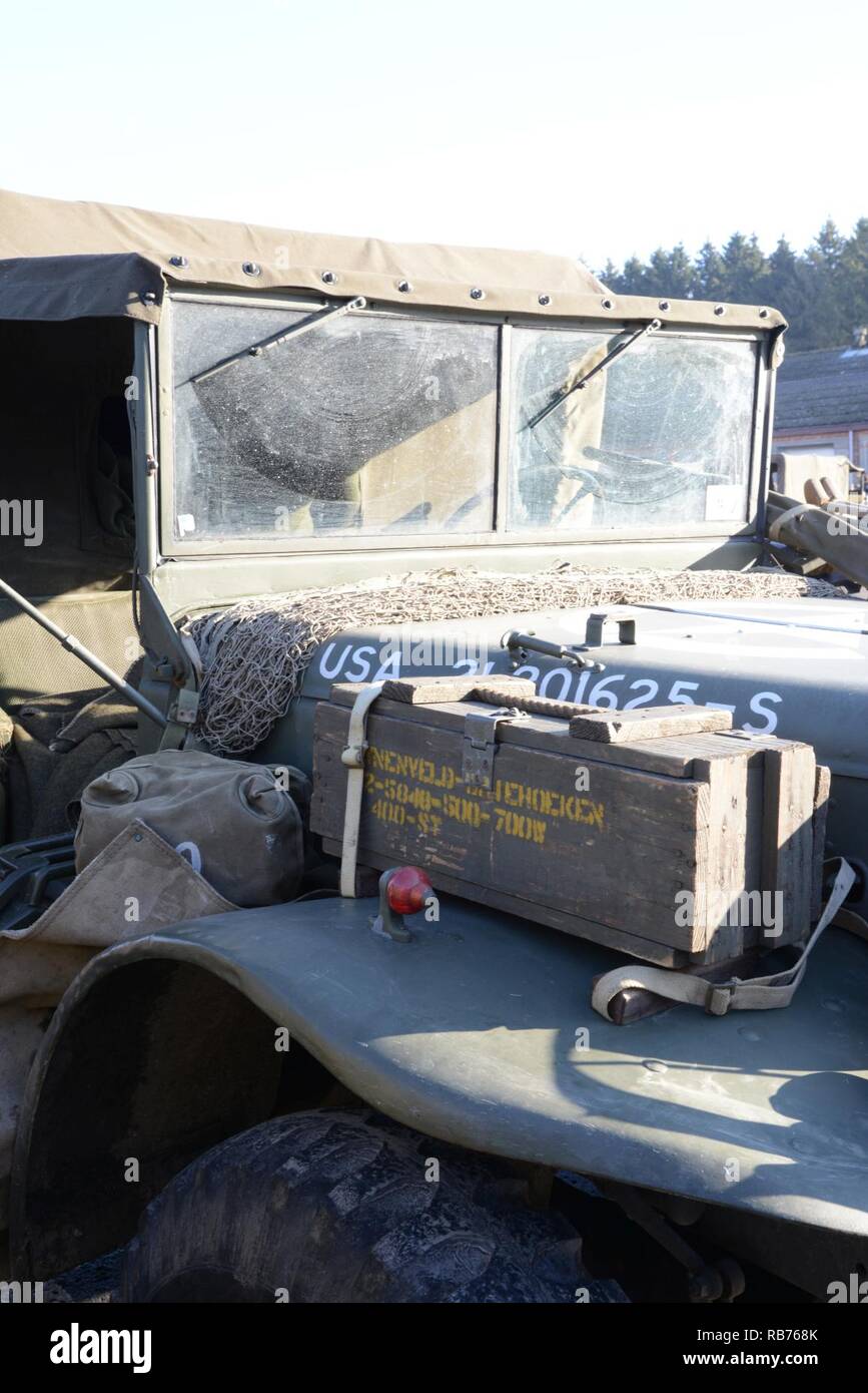 Static display of old American vehicles inside the Bastogne Barracks during the World War2 Battle of Bulge's commemoration, in Bastogne, Belgium, Dec 10, 2016.  Bastogne Barracks is the interpretation center of WW2, detachment of Royal museum Belgium Army. Stock Photo