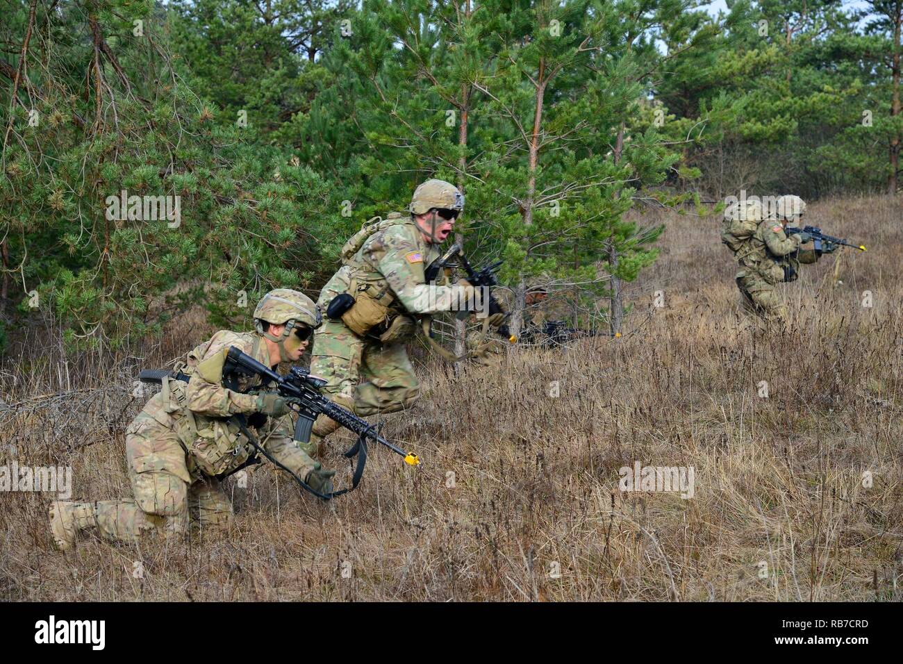 U.S. Army paratroopers assigned to 1st Squadron, 91st Cavalry Regiment, 173rd Airborne Brigade, react to a simulated attack during a defensive exercise at Pocek Range in Slovenia as part of Exercise Mountain Shock, Dec. 2, 2016. Mountain Shock is part of the Shock series of Emergency Deployment Readiness Exercises conducted within the U.S. European Command, testing a unit's ability to conduct operations with little or no warning. Stock Photo