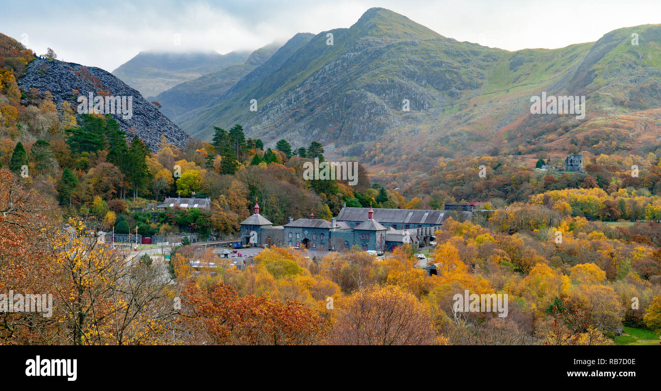 The National Slate Museum of Wales, and Dolbadarn Castle, Llanberis, Gwynedd, North Wales. Taken in November 2018. Stock Photo