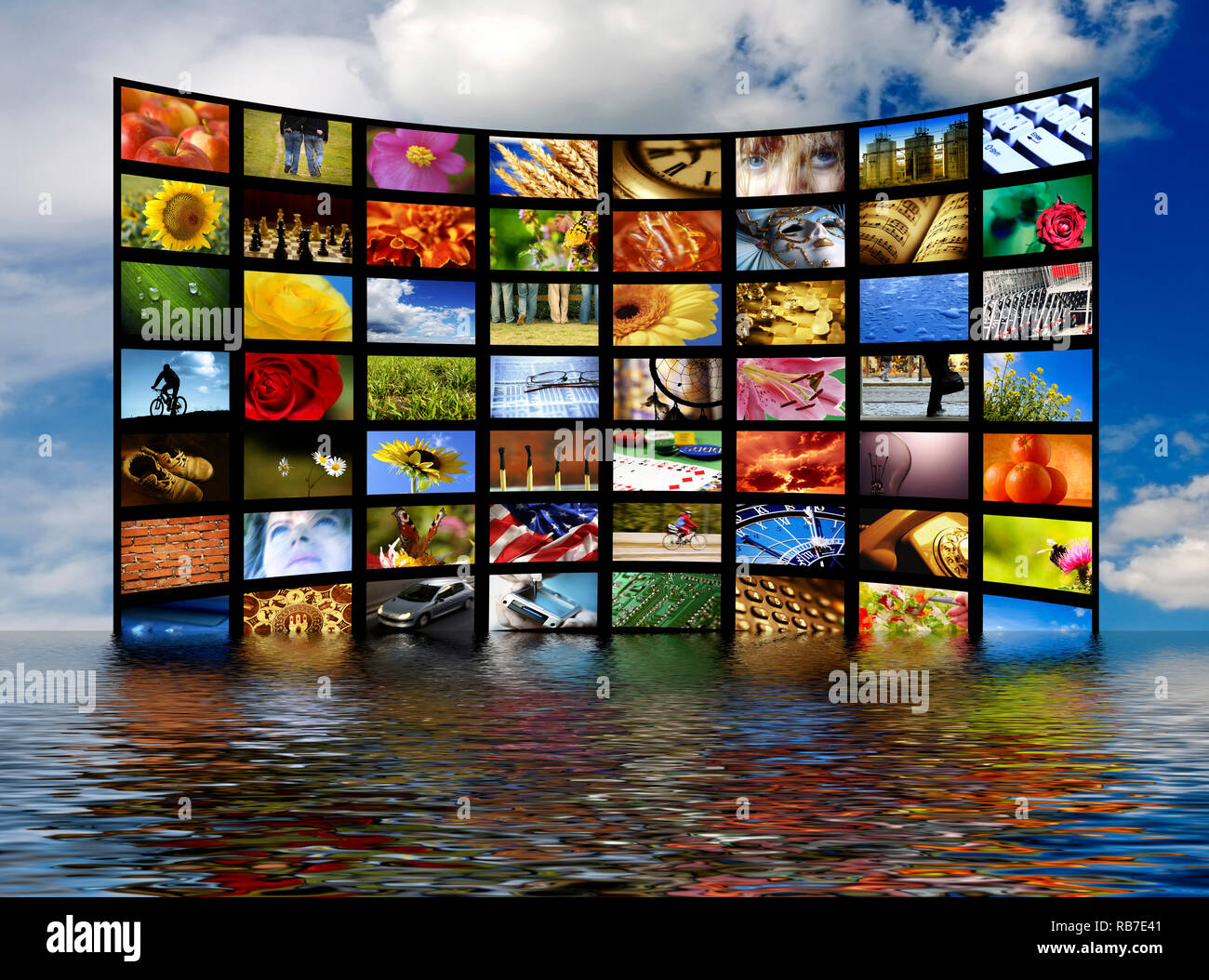 wall of many flat screens as concept for digital and satellite