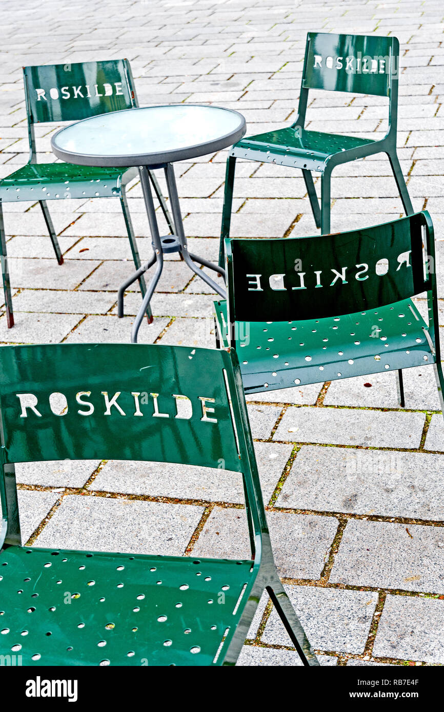 Roskilde (Denmark), Chairs on Marketplace with Inscription 'Roskilde' Stock Photo