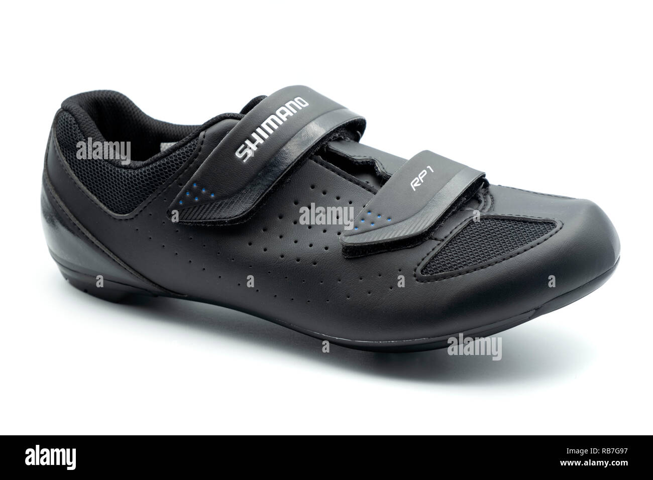 Pair of black Shimano road cycling / spinning class shoes Stock Photo