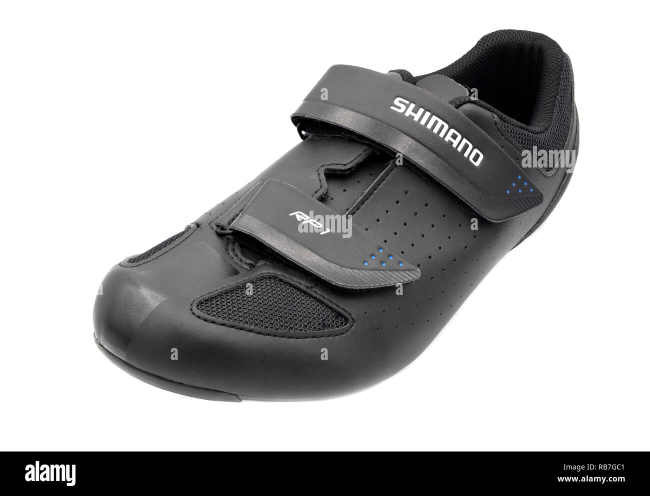 Black Shimano road cycling / spinning class shoe cut out isolated on white background Stock Photo