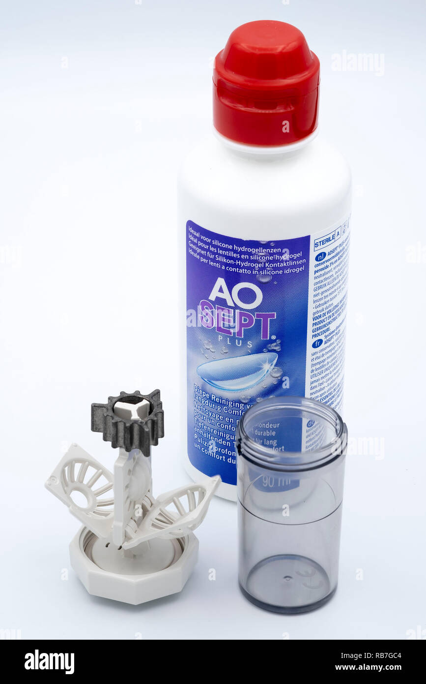 Close up of AO Sept Plus peroxide based contact lens cleaning solution