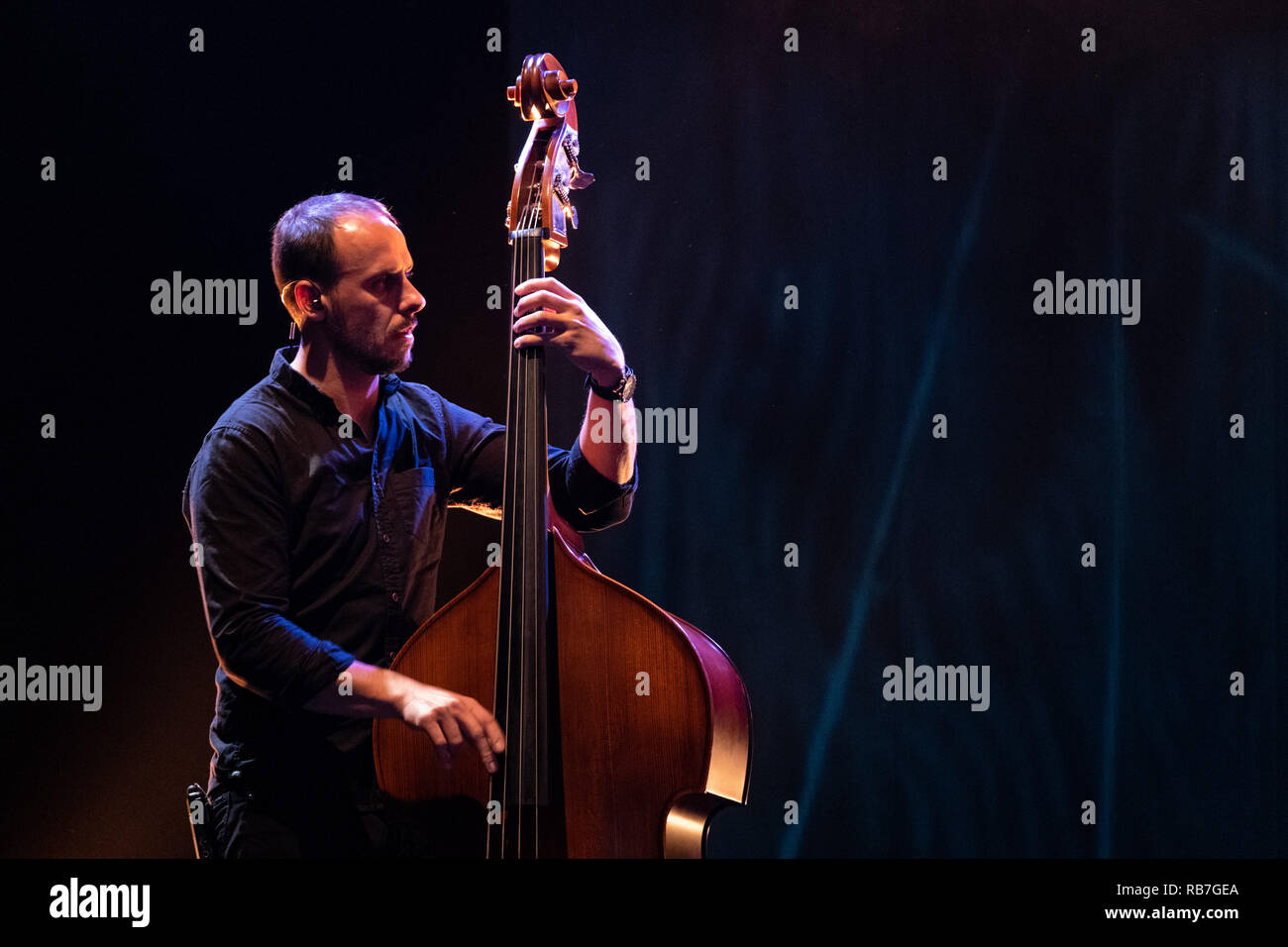 Musician playing upright double bass Stock Photo