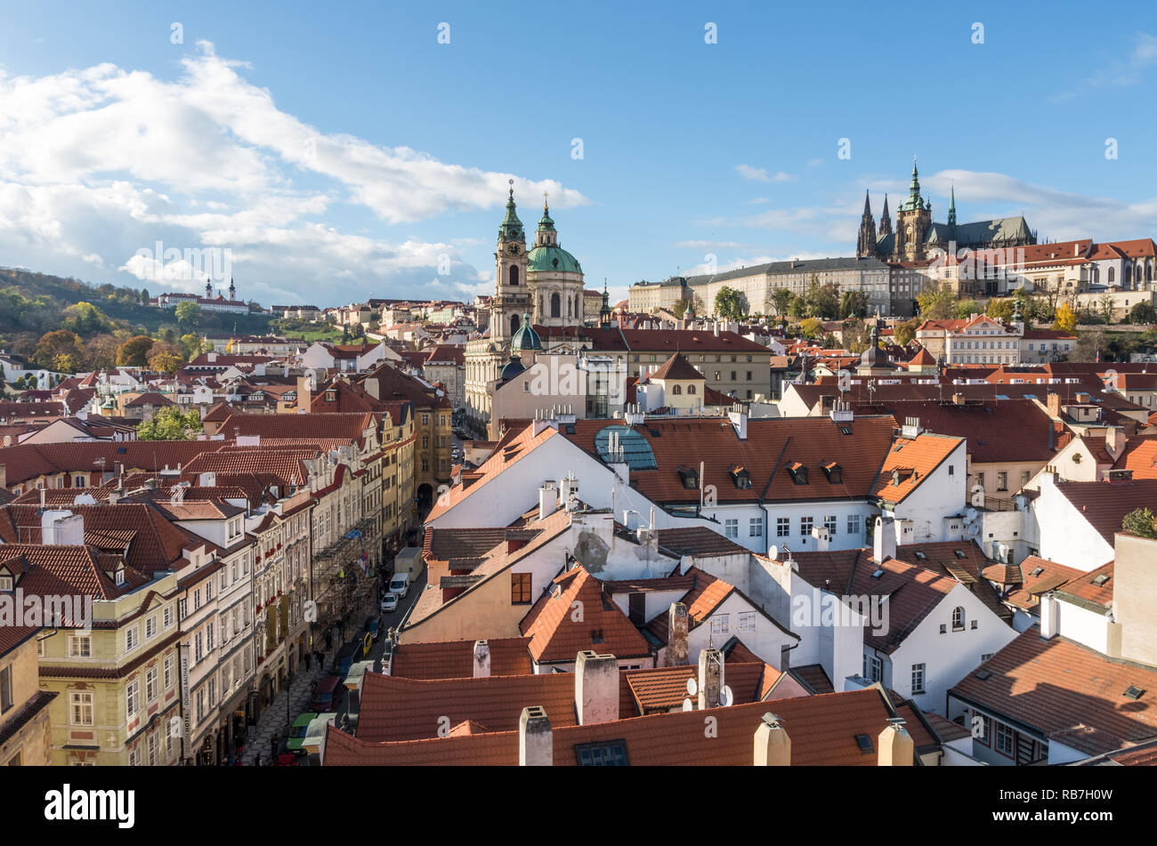 View over St. Nicholas Church at Mala Strana (Lesser Town) and Prague Castle (Hradcany) in Prague, Czech Republic Stock Photo