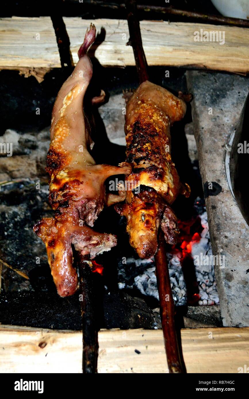 Grilled Cuy - Peasant community restaurant - Llanganuco lagoons  - National park HUASCARAN. Department of Ancash.PERU             Stock Photo