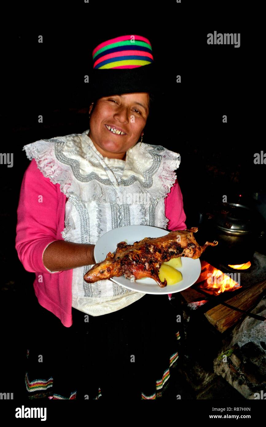 Grilled Cuy - Peasant community restaurant - Llanganuco lagoons  - National park HUASCARAN. Department of Ancash.PERU             Stock Photo