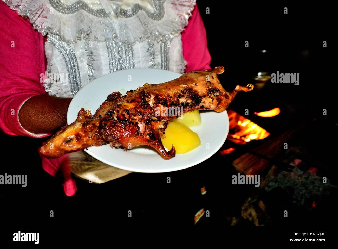 Grilled Cuy - Peasant community restaurant - Llanganuco lagoons  - National park HUASCARAN. Department of Ancash.PERU             Stock Photo