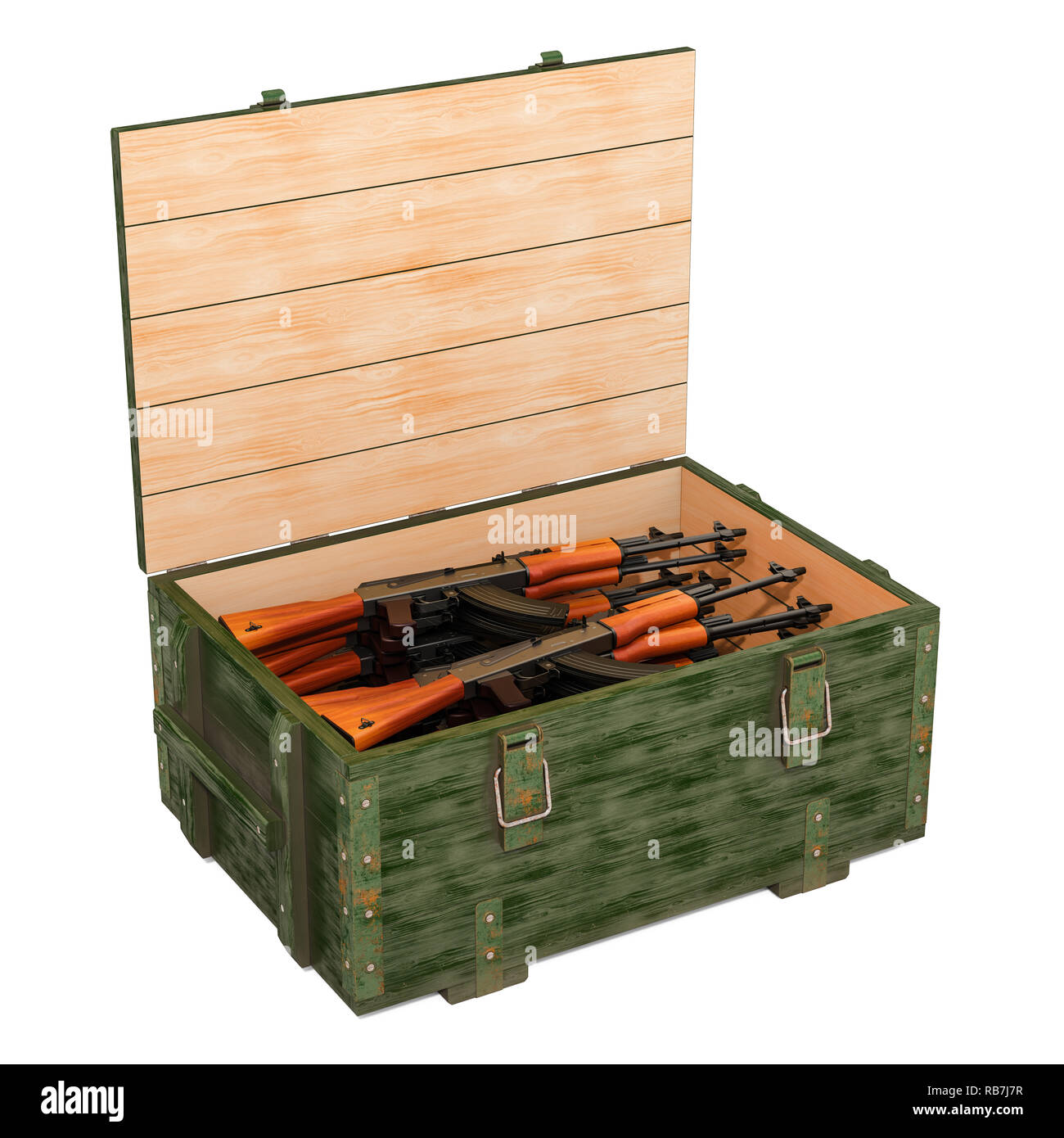 Real Weapon Box Assault rifles inside wooden ammunition box, 3D rendering Stock Photo ...