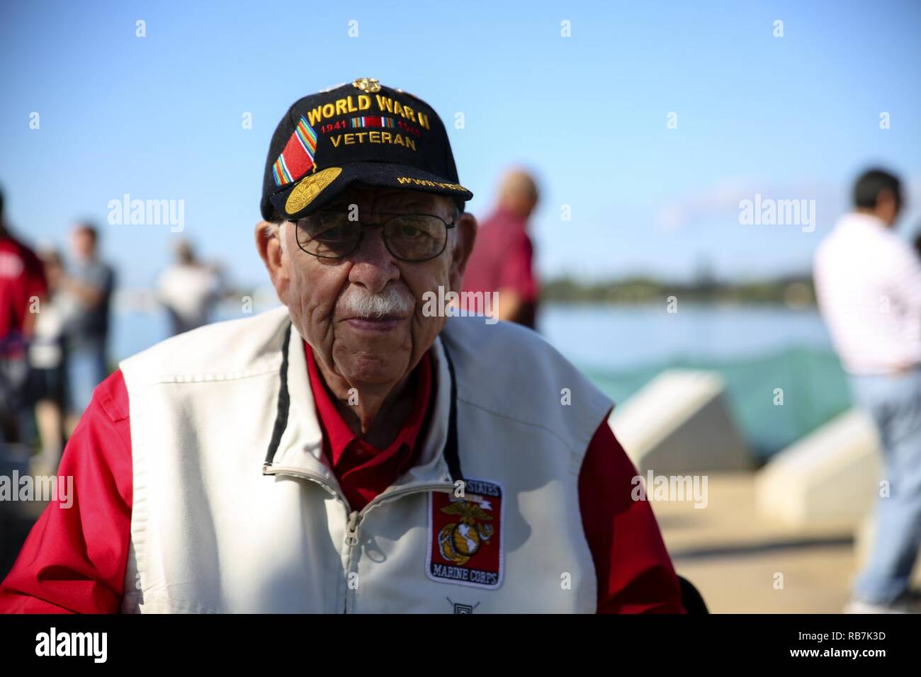 Former U.S. Marine Cpl. Arthur Smith visits the Waterfront Memorial during the Freedom Bell Opening Ceremony and Bell Ringing at USS Bowfin Submarine Museum & Park on Pearl Harbor, Hawaii, Dec. 6, 2016. Smith participated in the invasion of Guam with the 1st Provisional Marine Brigade. Civilians, veterans, and service members came together to remember and pay their respects to those who fought and lost their lives during the attack on Pearl Harbor. Stock Photo