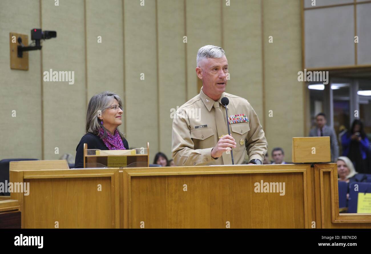Colonel Robert W. Jones, assistant chief of staff G-3, speaks during a San Diego City Council meeting in Downtown San Diego, Dec. 6. As part of the meeting, Dec. 6th was declared Marine Corps Recruit Depot Centennial Day in San Diego. Stock Photo