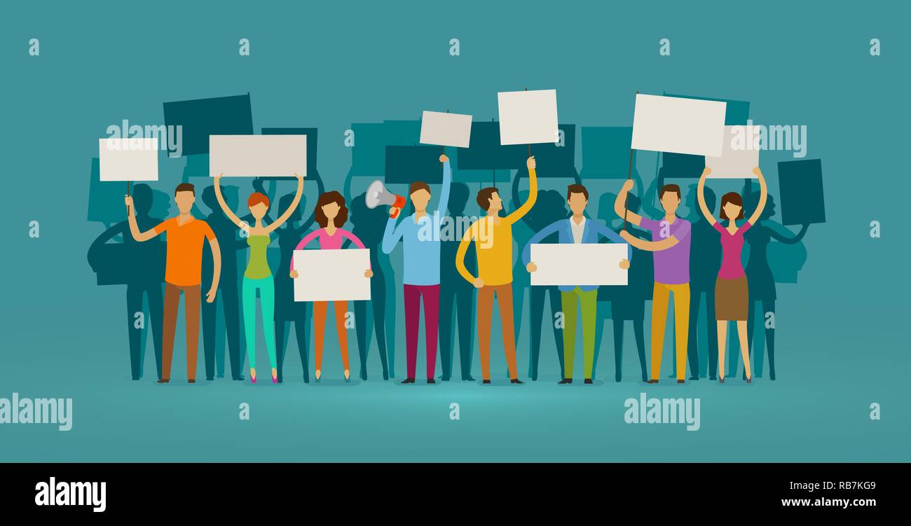 Crowd of people with placards on demonstration. Manifestation, protest concept. Cartoon vector illustration Stock Vector