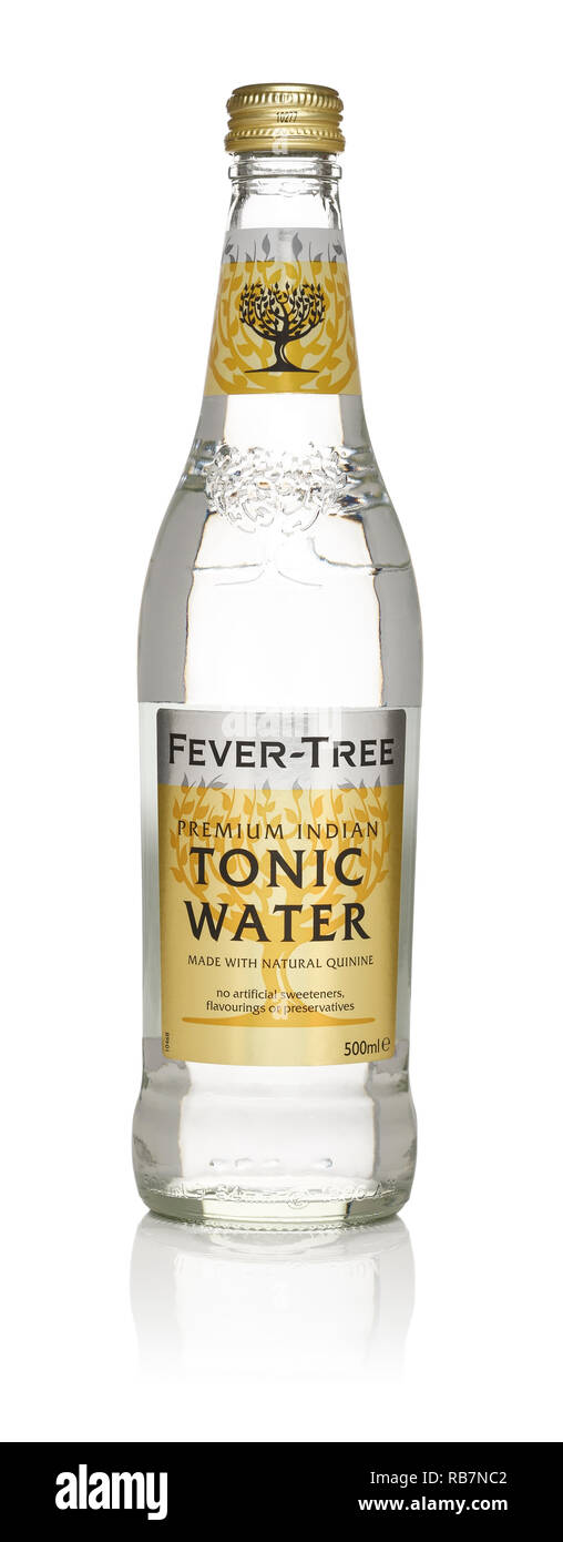 A 500ml bottle of Fevertree Premium Indian Tonic Water in a clear glass bottle Stock Photo