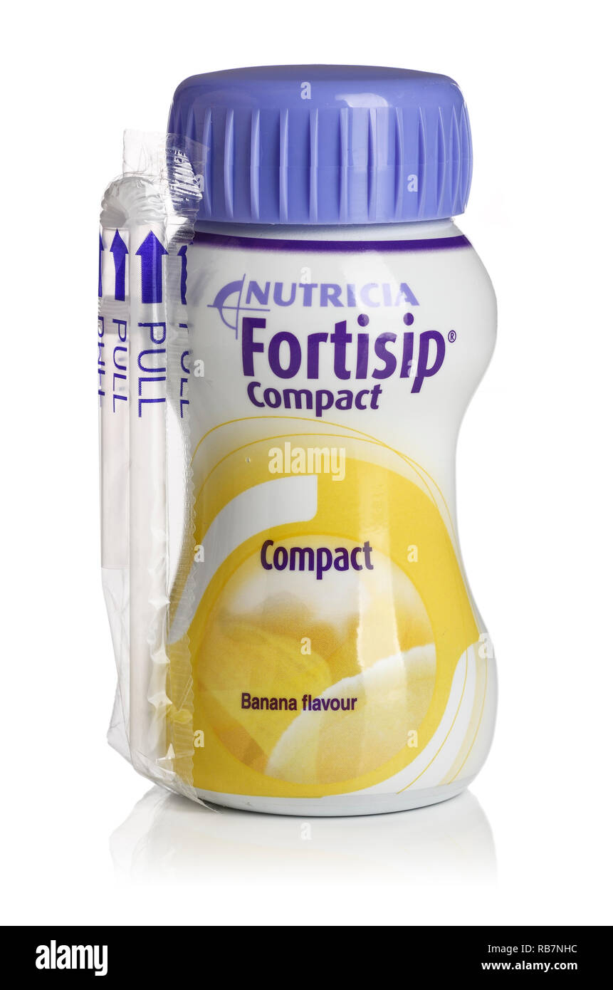 A bottle of banana flavour Fortisip nutritional drink made by Nutricia Stock Photo
