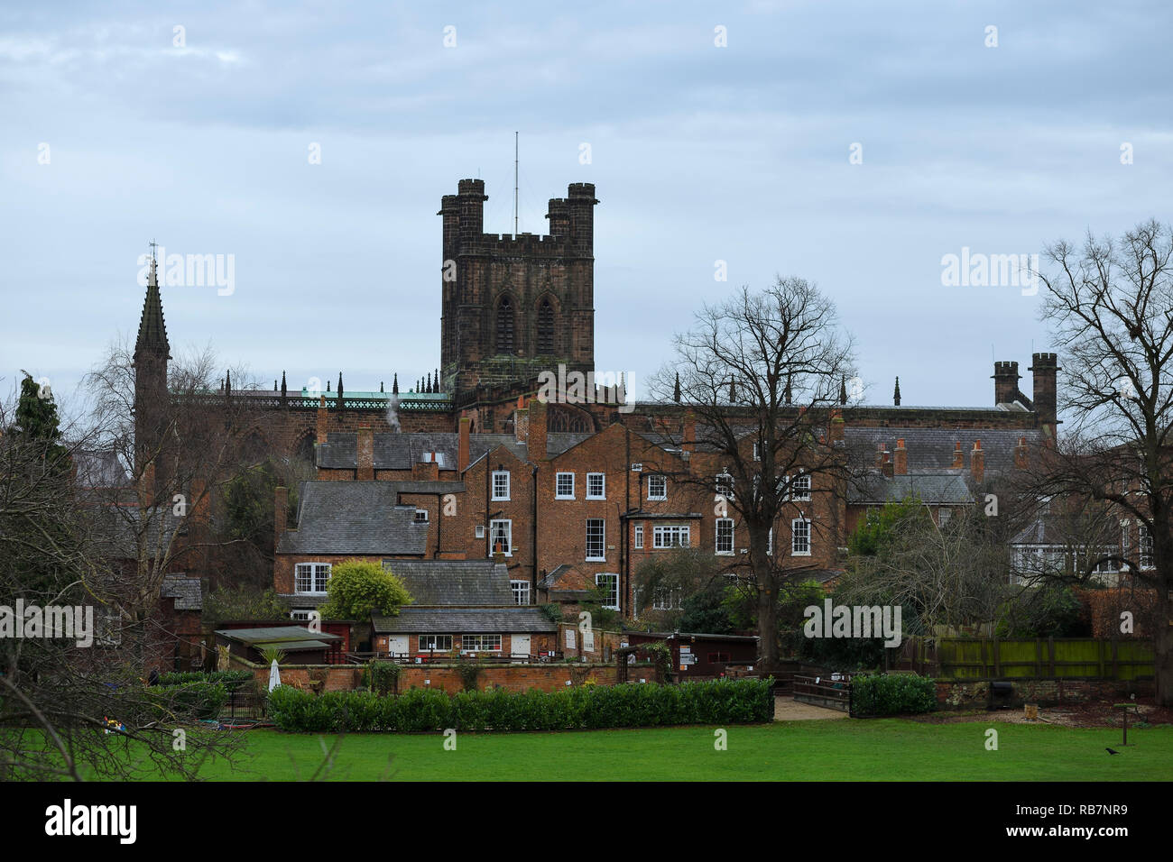 Chester Cathedral viewed from the city walls across the Dean's Field ...