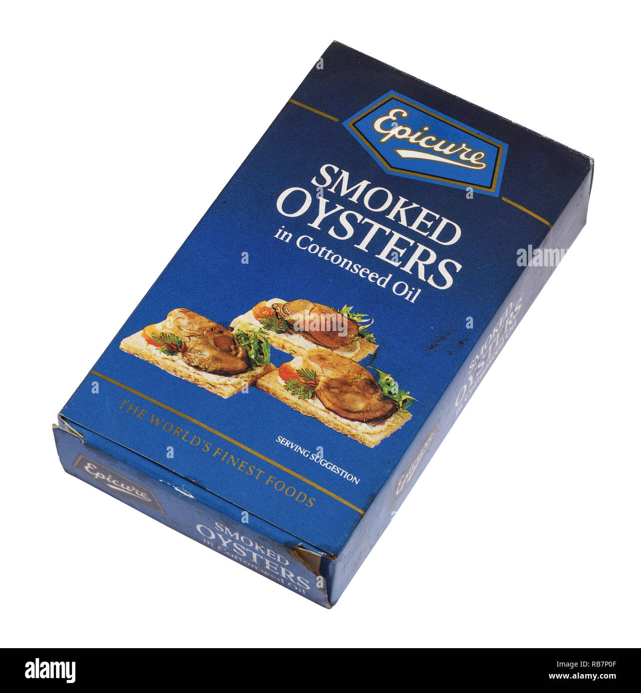 The outer cardboard packaging for a tin of smoked oysters Stock Photo