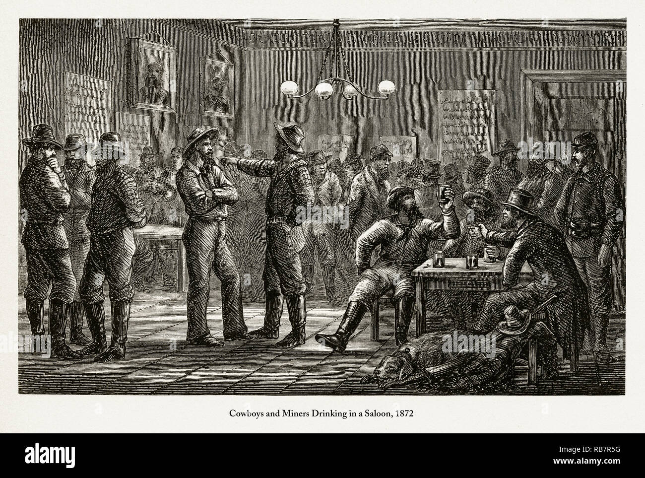 Cowboys and Miners Drinking in a Saloon Engraving, 1872 Stock Photo