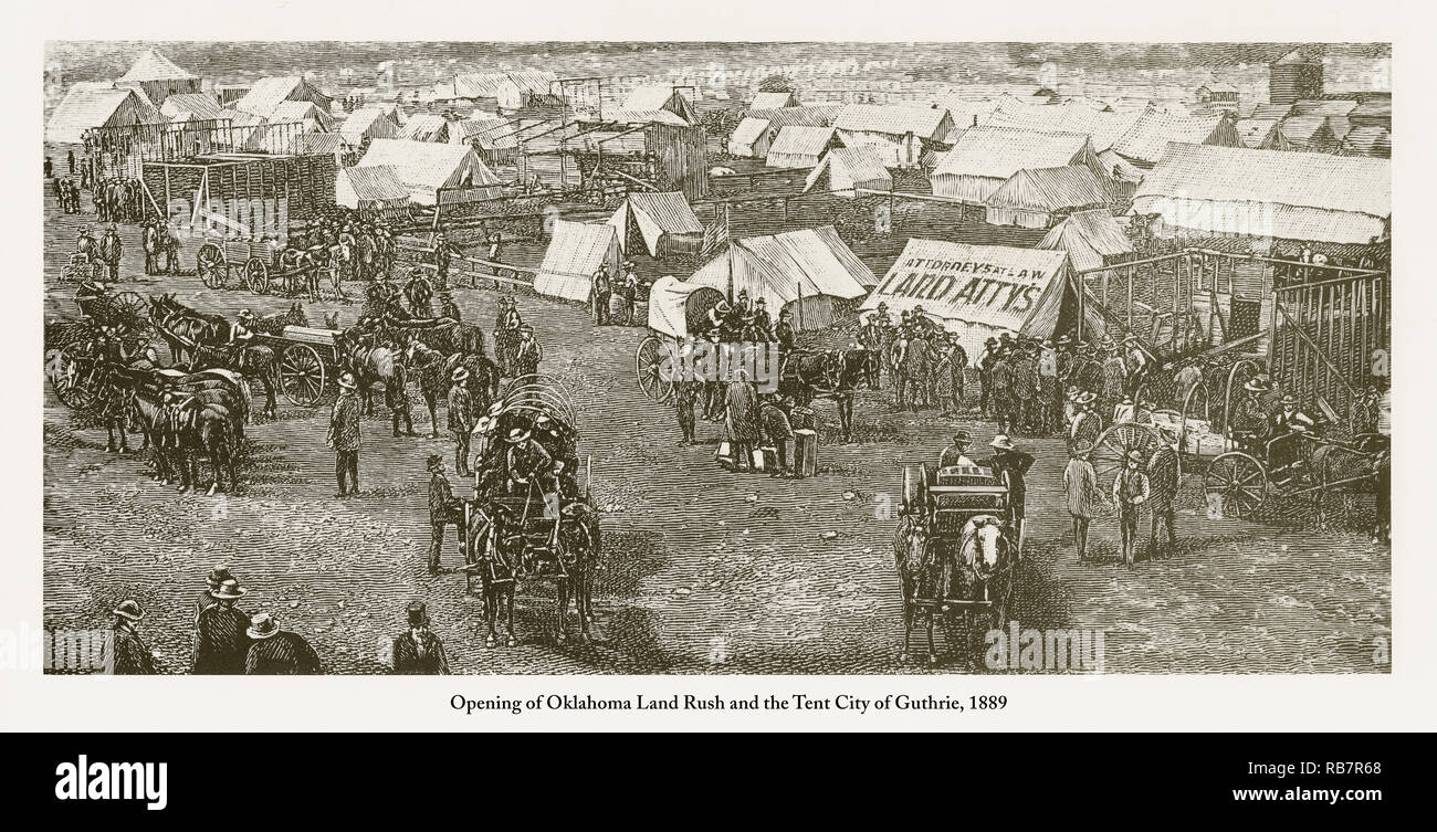 Opening of Oklahoma Land Rush and the Tent City of Guthrie Engraving, 1889 Stock Photo