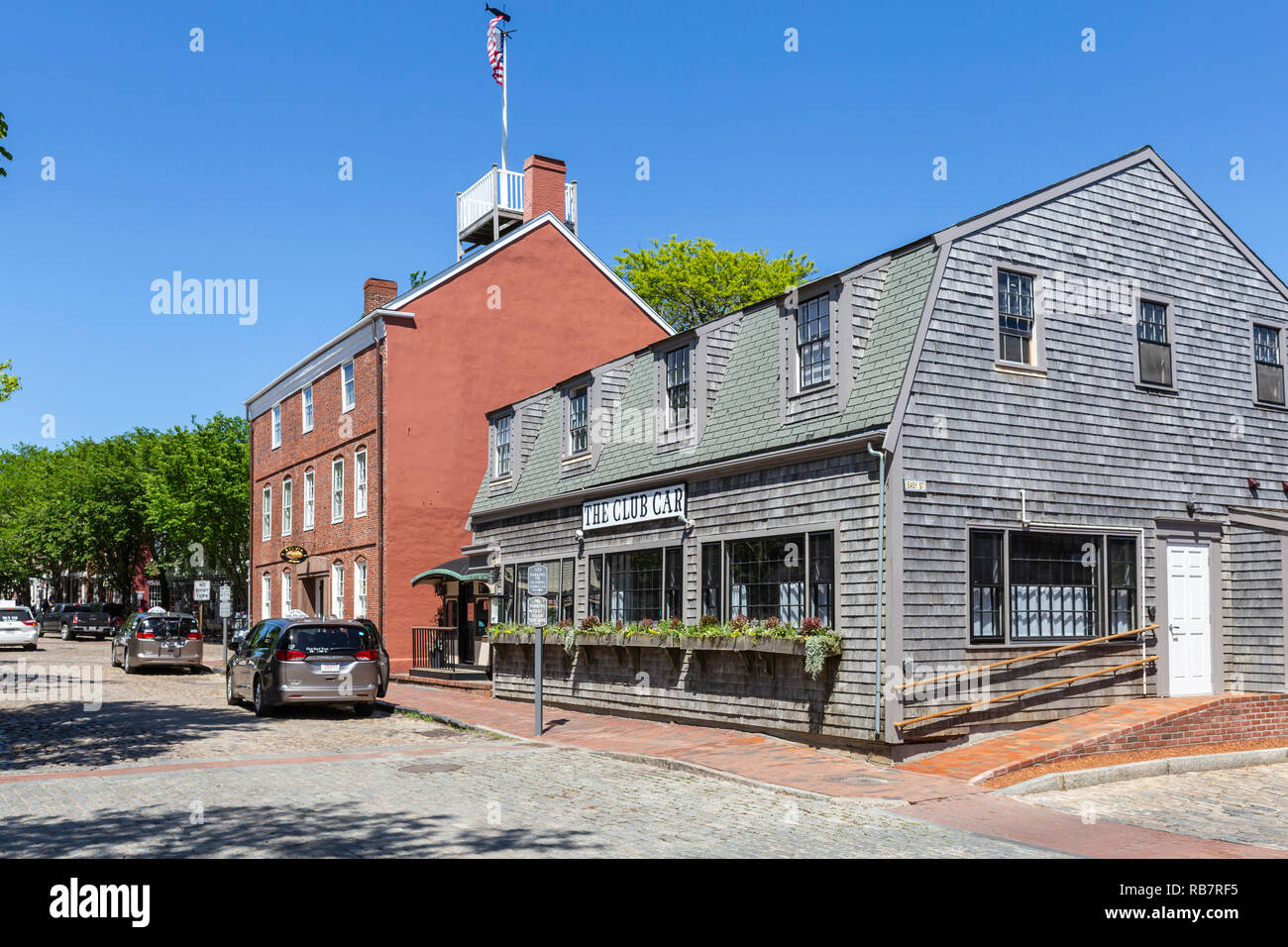 A view of Main Street including The Club Car restaurant in Nantucket, Massachusetts. Stock Photo