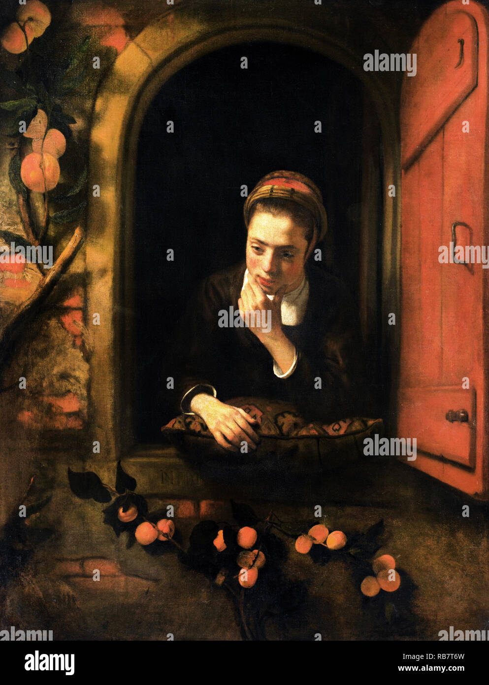 Nicolaes Maes, Girl at a Window, Known as The Daydreamer, Circa 1654 Oil on canvas, Rijksmuseum Amsterdam, Netherlands. Stock Photo