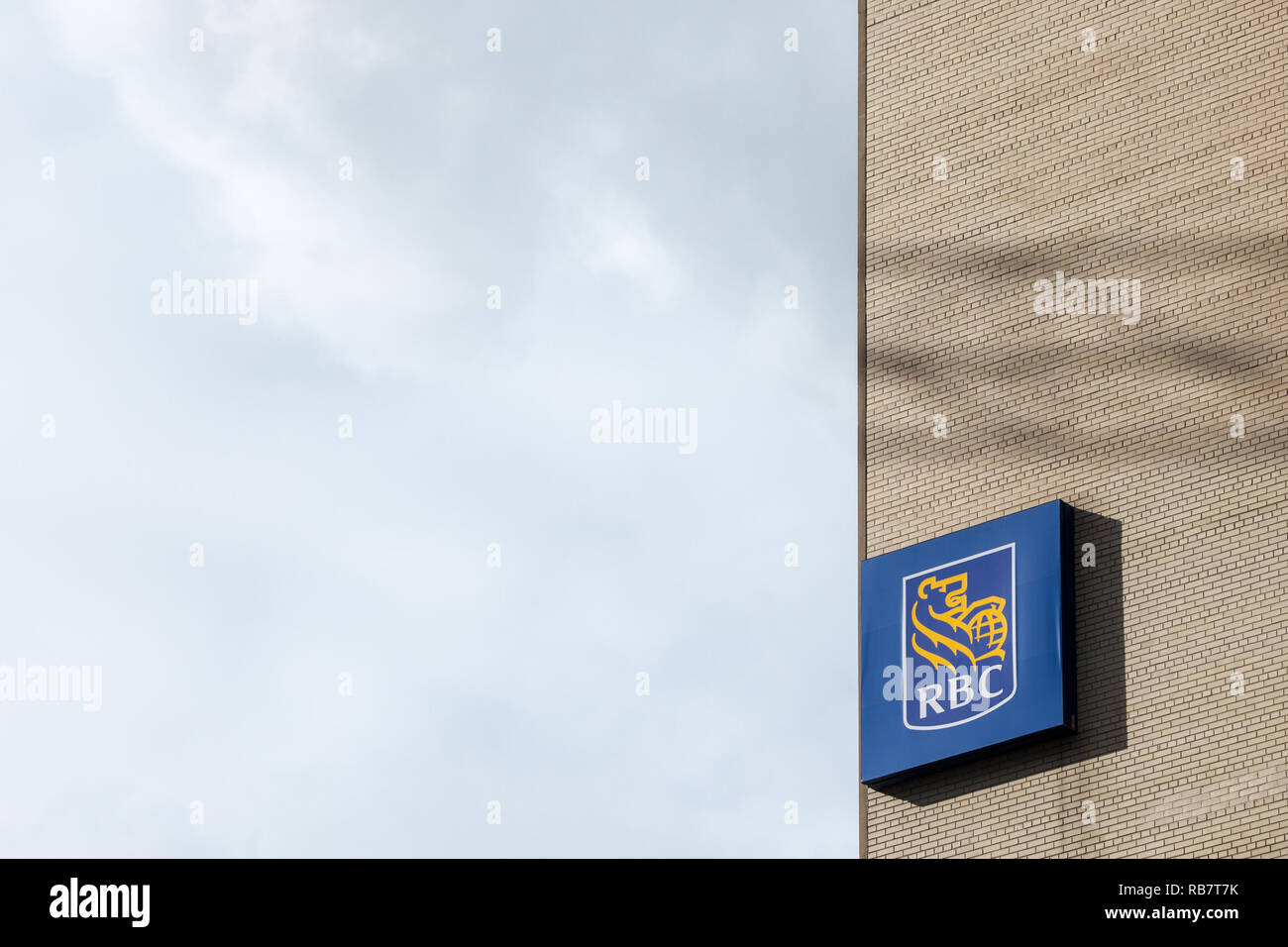 MONTREAL, CANADA - NOVEMBER 7, 2018: Logo of the Royal Bank of Canada (RBC) in Montreal, Quebec near their main office. RBC is one of the main banks o Stock Photo