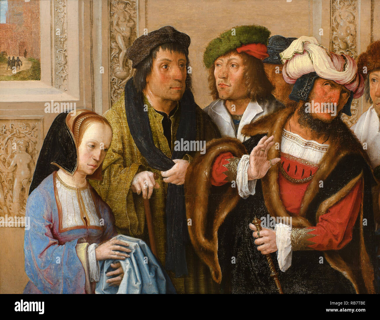 Lucas van Leyden, Potiphar's Wife Displays Joseph's Garment, Joseph Being Taken to Prison 1517 Oil on panel, Museum Boijmans Van Beuningen, Rotterdam, Netherlands. Stock Photo