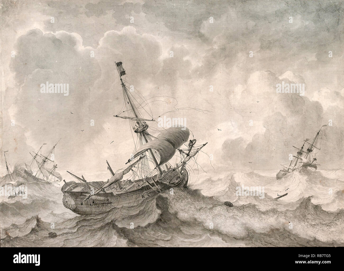 Ludolf Backhuysen, Ships on a Stormy Sea 1698 Brush and gray ink, wash, Albertina, Vienna, Austria. Stock Photo