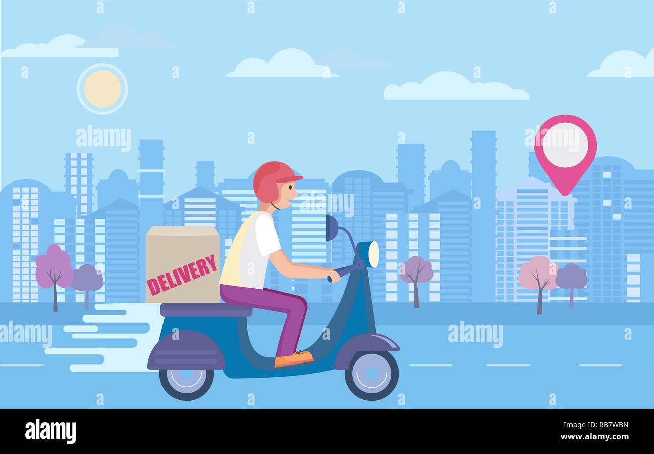 Fast and free scooter delivery concept. Food and other shipping service for apps and websites. Vector illustration of quick and express bike deliver. Advertise for restaurants, caffees, shops. Stock Vector