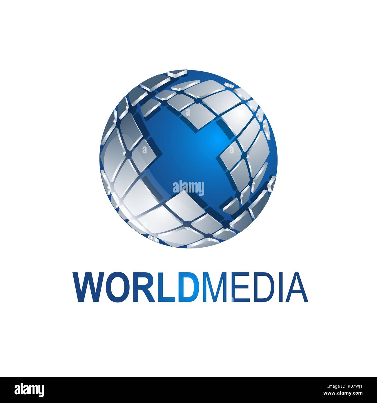 Abstract three dimensional shapes World Media globe logo template vector illustration. Blue Grey color Stock Vector