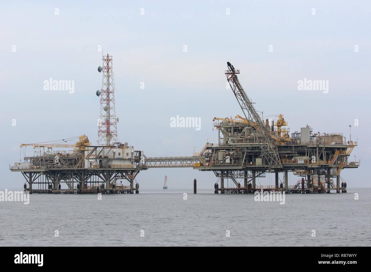 Oil drilling rig in the Gulf of Mexico, Mobile Bay south of Mobile Alabama. Stock Photo