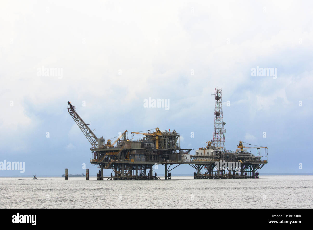 Oil drilling rig in the Gulf of Mexico, Mobile Bay south of Mobile Alabama. Stock Photo