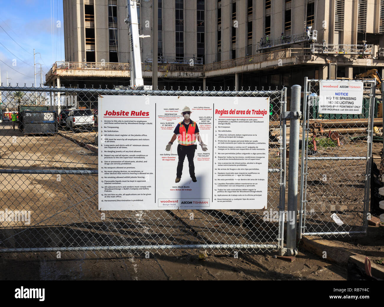 Safety reminder sign at the entrance of a construction site in New Orleans, Louisiana. Stock Photo