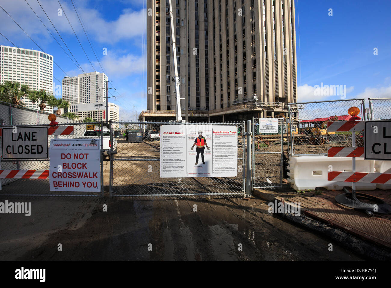 Safety reminder sign at the entrance of a construction site in New Orleans, Louisiana. Stock Photo