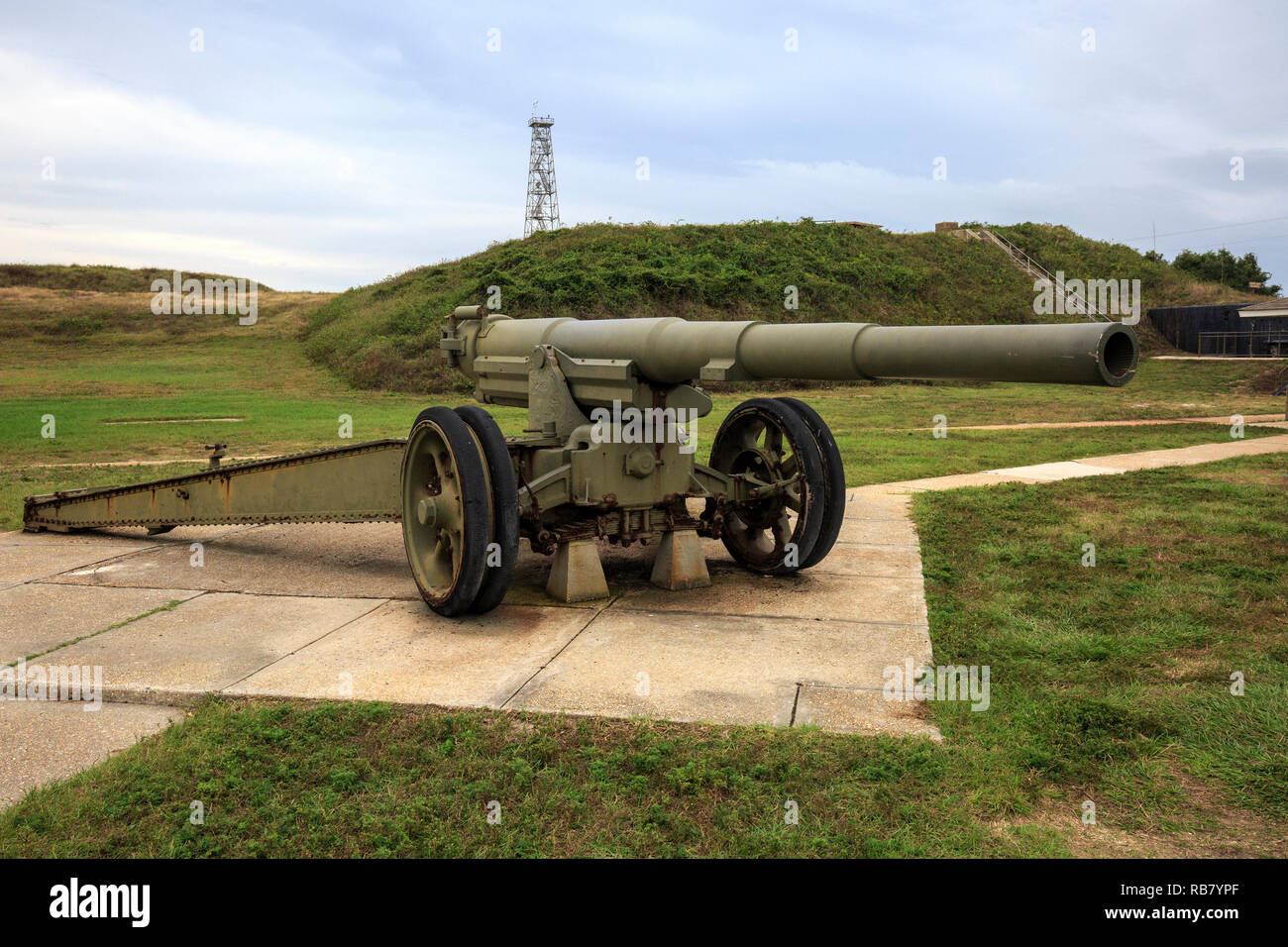 Fort Morgan on Mobile Bay, Alabama. Modern field artillery gun at entrance. Stock Photo