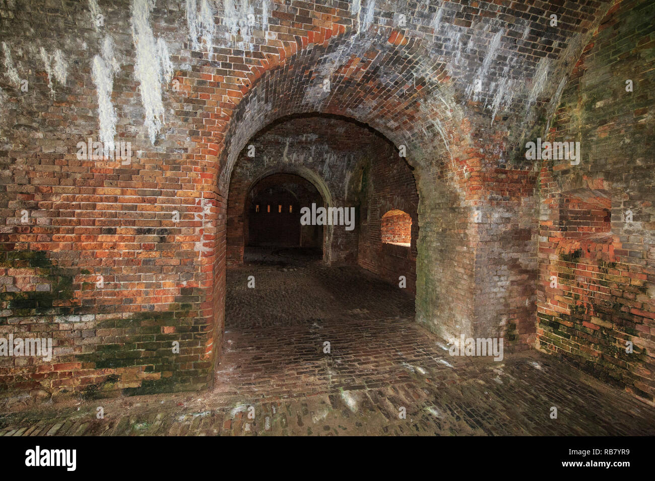 Fort Morgan on Mobile Bay, Alabama.  Tunnel where cannons were formerly placed. Stock Photo