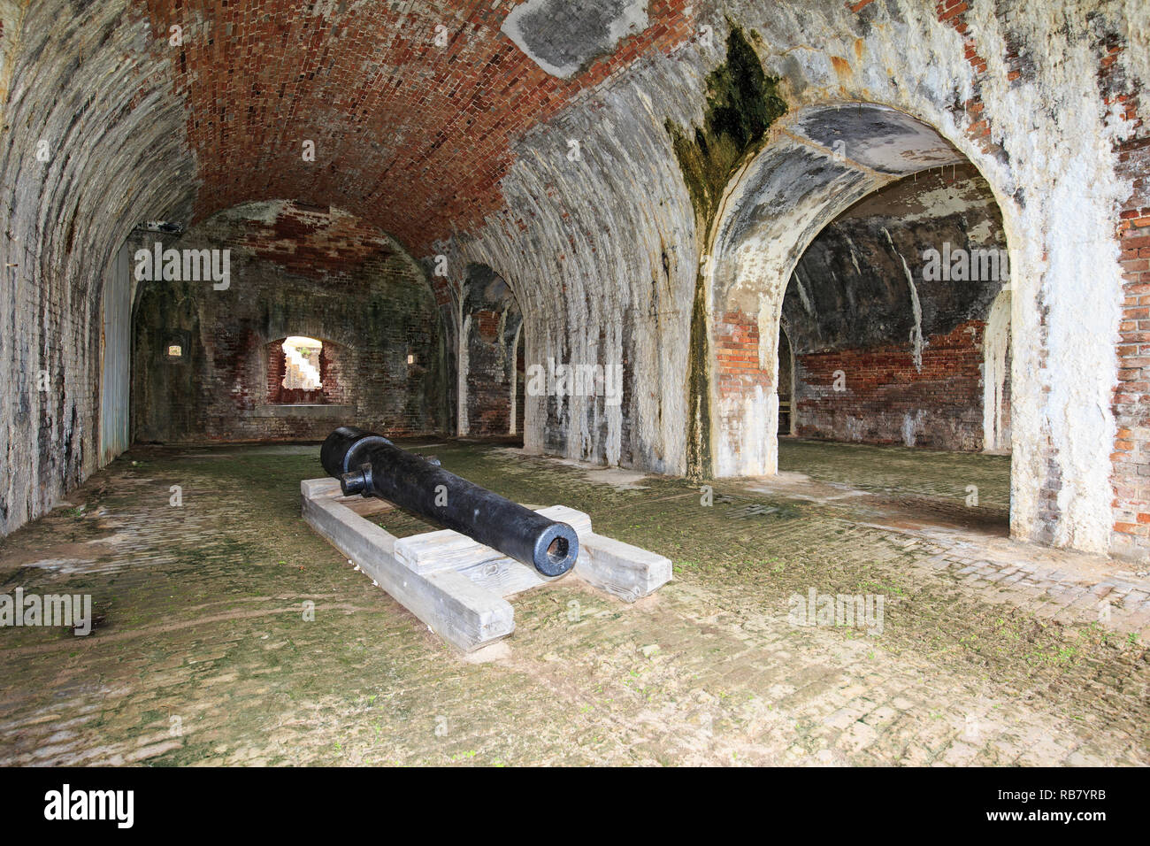 Fort Morgan on Mobile Bay, Alabama.  Tunnel where cannons were formerly placed. Stock Photo
