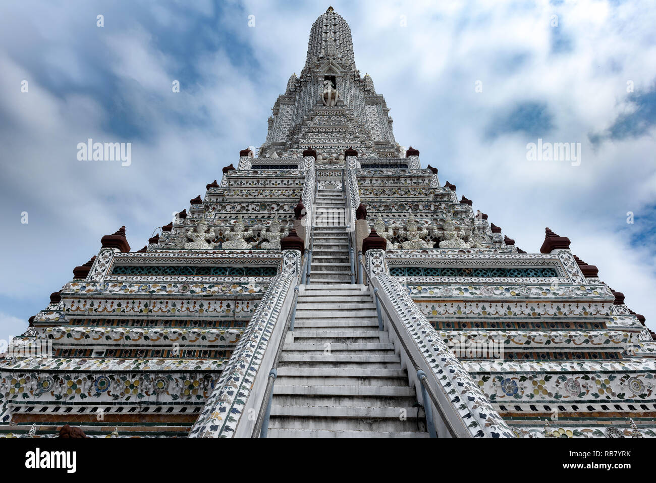 low angle of Wat Arun temple which is the best known landmark of Bangkok,Thailand. Stock Photo