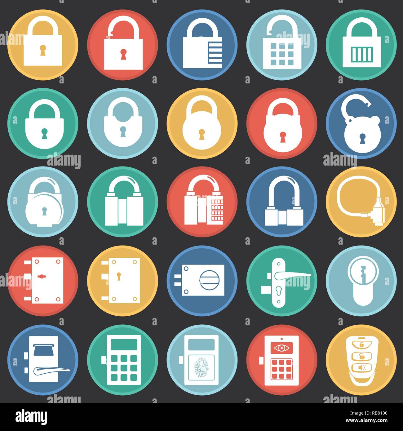 Lock icons set on color circles black background for graphic and web ...