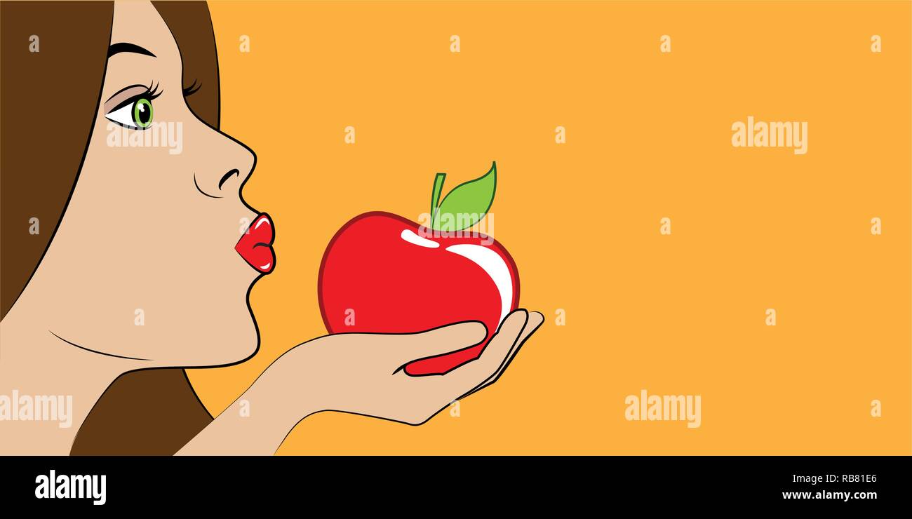 beautiful woman with red lips eats a red apple vector illustration EPS10 Stock Vector