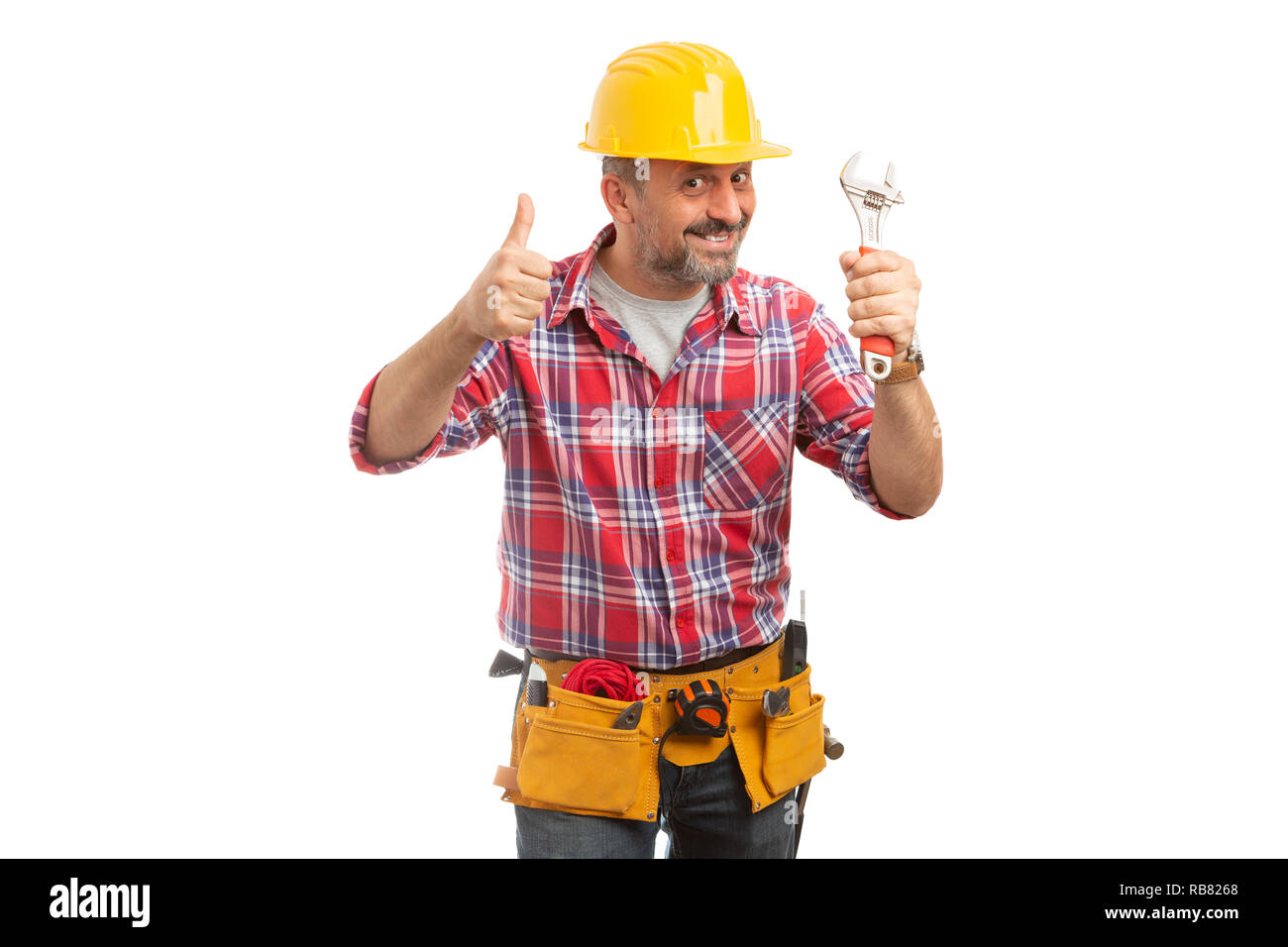 Smiling Builder Man Holding Wrench And Thumb Up As Like Gesture