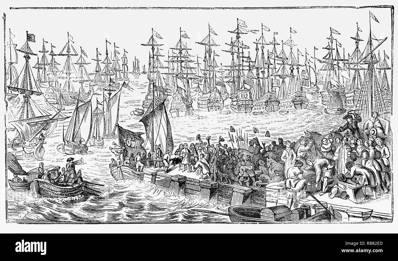 The invasion fleet of William III of Orange departing in 1688 during the Glorious Revolution from the port of Hellevoetsluis in the province of South Holland, western Netherlands, which grew from the beginning of the 17th century to be the homeport for the Dutch war fleet. Stock Photo