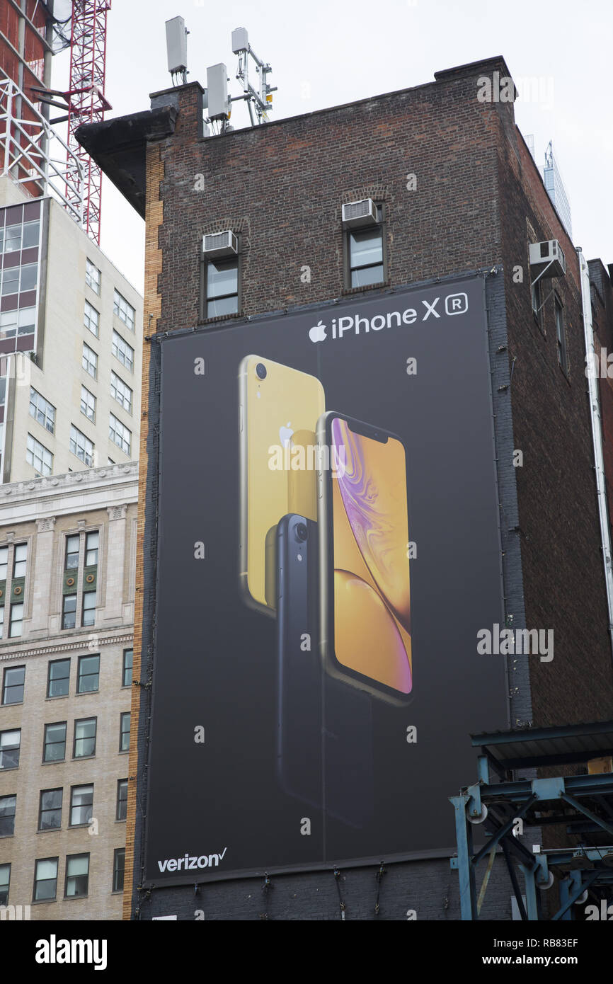 Iphone X billboard on the side of a building in the Tribecca neighborhood of lower Manhattan, New York City. Stock Photo
