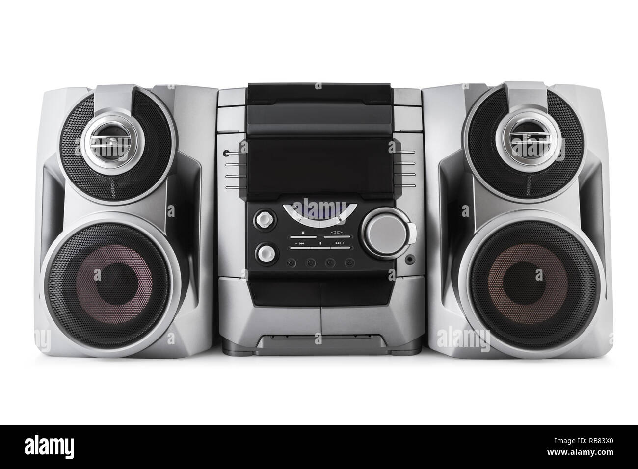 Compact stereo system cd and cassette player isolated with clipping path on white background. Stock Photo