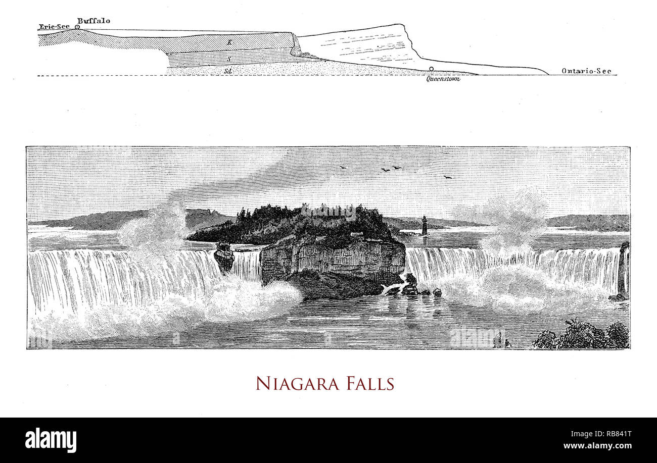 Vintage engraving of Niagara falls, waterfalls at the international border between the Canadian province of Ontario and the American state of New York. Stock Photo