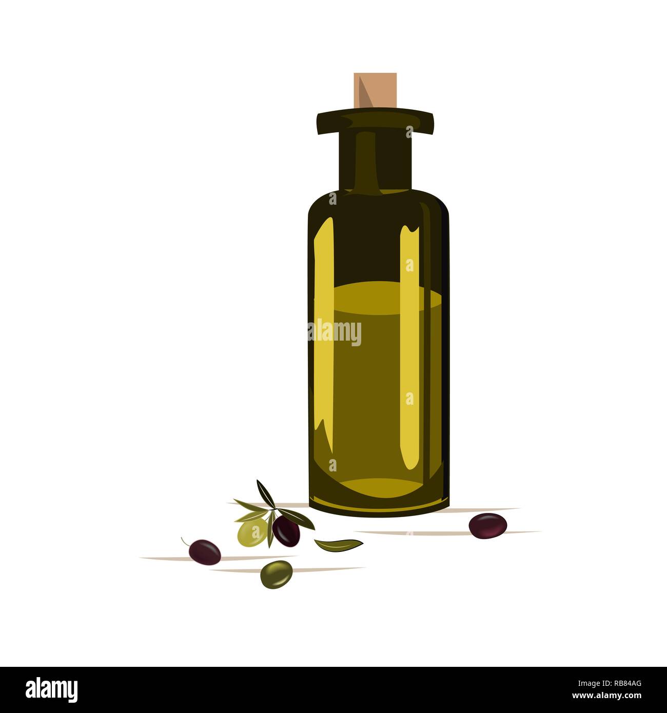 Glass bottle with olive oil and olives isolated on white. Vector ...