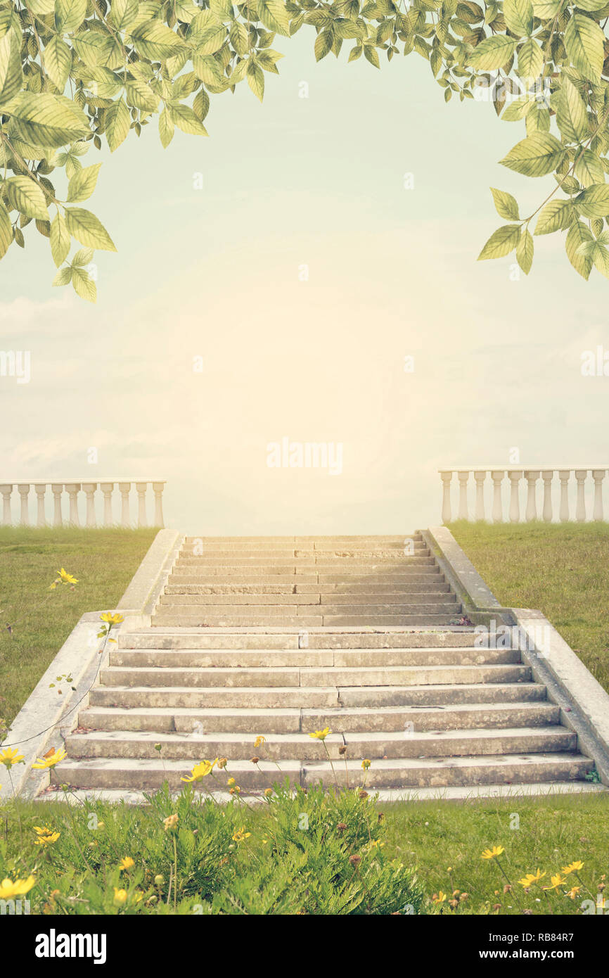 Fantasy garden background with steps Stock Photo