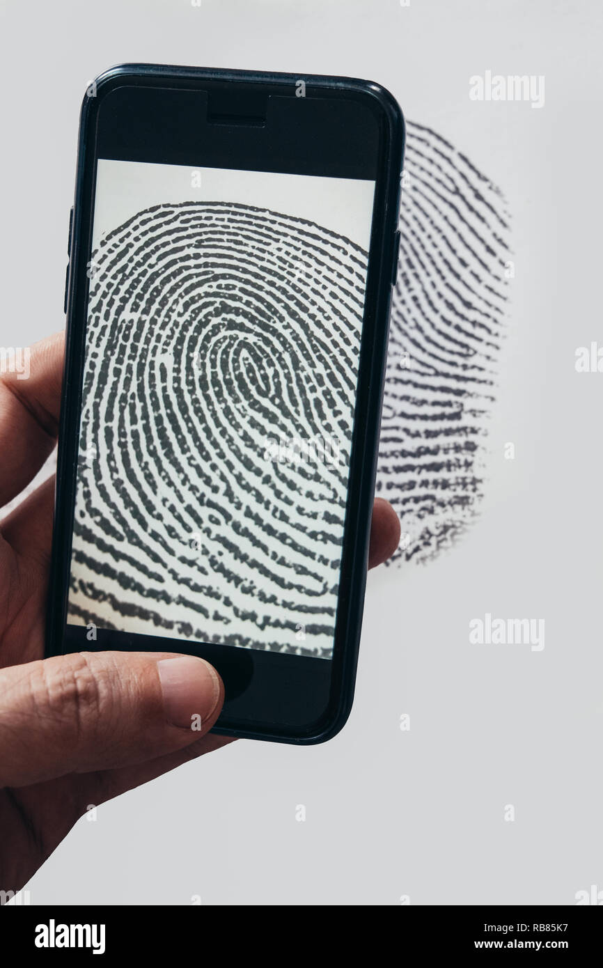 Smartphone magnifying fingerprint on display. Data privacy. Forensics. Stock Photo