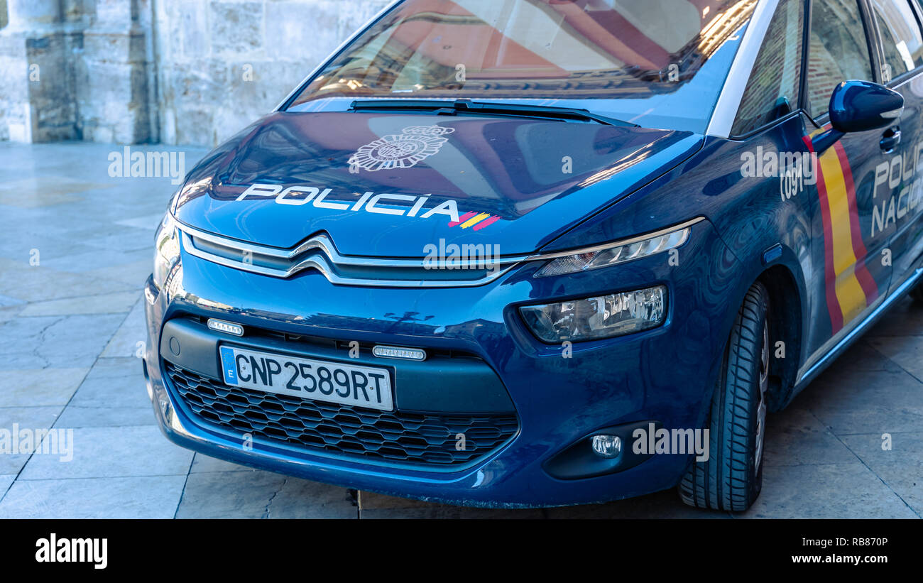 Spanish National Police Car in old city of Valencia. The National