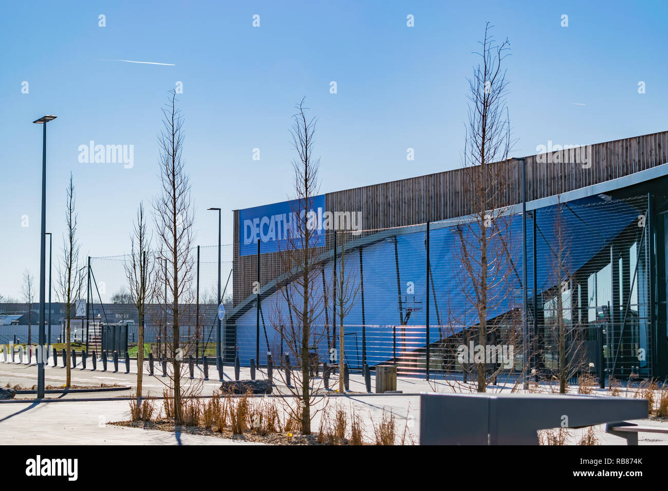 Neuville-en-Ferrain Roncq,FRANCE-February25,2018:Newly built decathlon store in the Roncq shopping center. Stock Photo